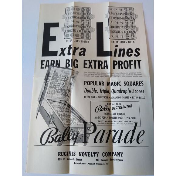 Parade Pinball FLYER Original Vintage Arcade Bingo Game Promo Artwork 1956 - Picture 4 of 4